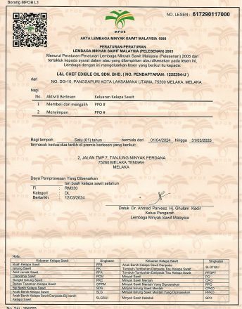 Giấy Phép Từ Hội Đồng Dầu Cọ Malaysia (MPOB)